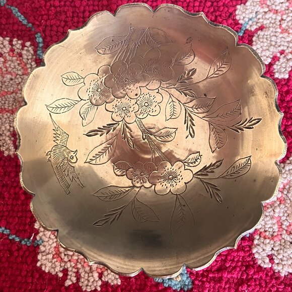 Vintage Etched Brass Bowl on Pedestal Stem - 1970's - Picture 8 of 15